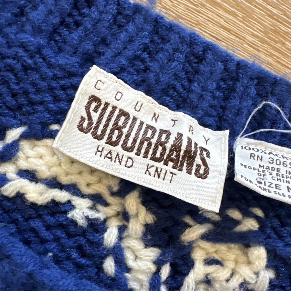 Vintage Country Suburbans Sweater Womens M Blue Acrylic Hand Knit Retro 80s 90s - Picture 3 of 8